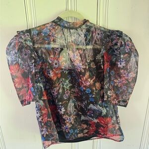 Anthropologie Black Sheer Blouse with Red, Purple & Blue Floral Print